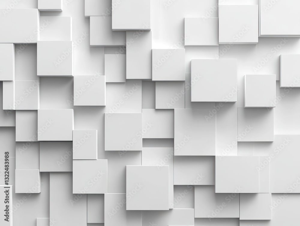 Abstract composition of overlapping white cubes and squares creating a textured background, suitable for modern design applications and digital art Abstract composition of overlapping white cubes and squares creating a textured background, suitable for modern design applications and digital art