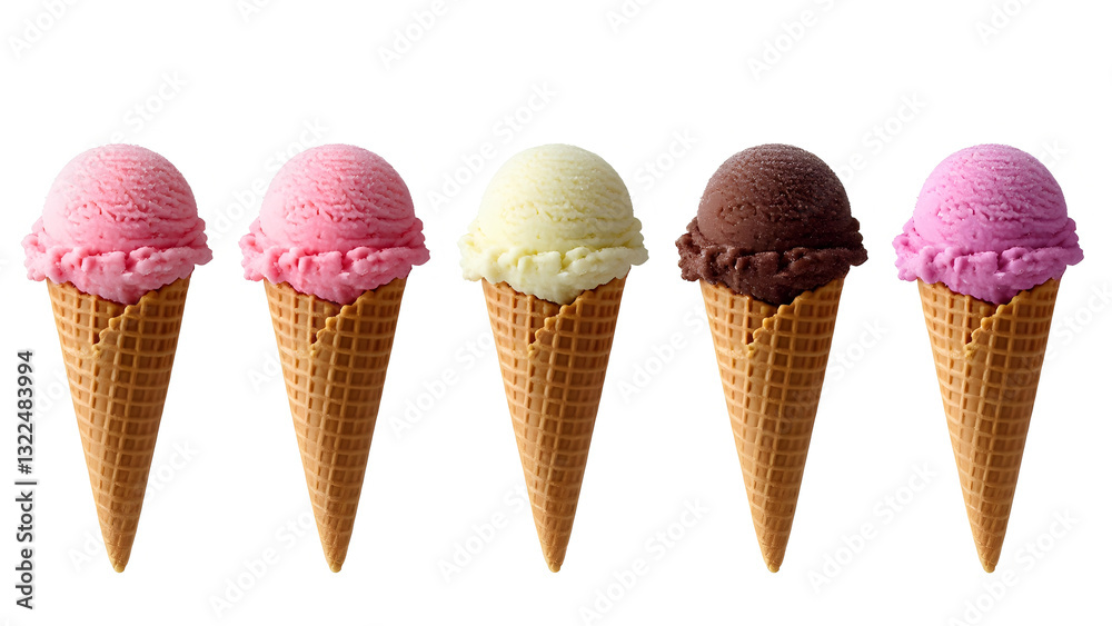ice cream cones in a row, each with a different flavor ice cream cones in a row, each with a different flavor