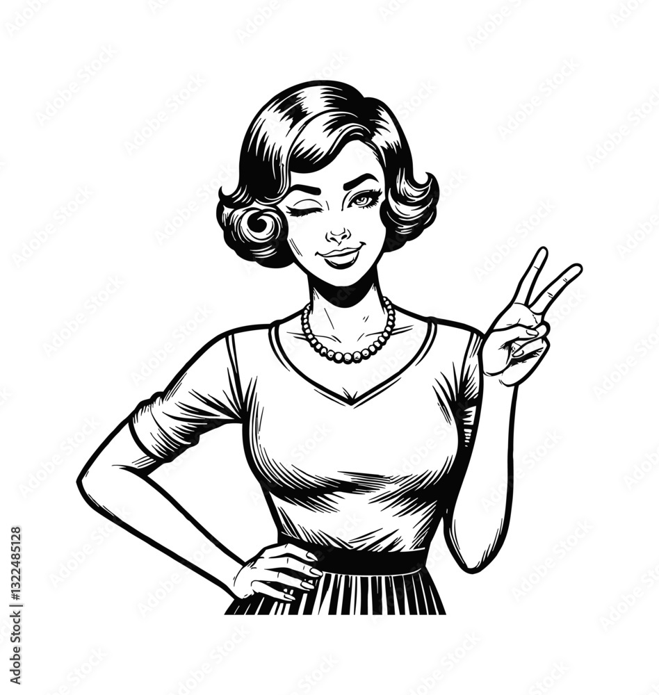 Winking Retro Woman Gesturing Peace Sign with Hand on Hip in Line Art Style Winking Retro Woman Gesturing Peace Sign with Hand on Hip in Line Art Style