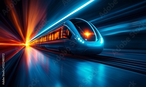 A sleek white high-speed train travels along the rail tracks - The train is in motion