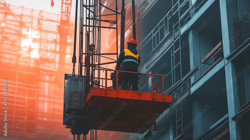 Building site with construction worker on platform