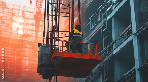 Obraz na płótnie Building site with construction worker on platform w salonie