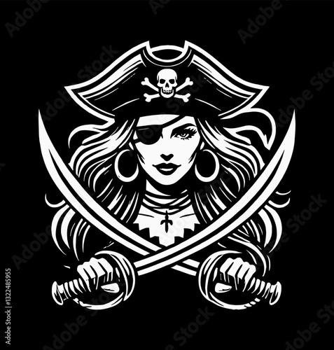 Pirate Woman Holding Swords Wearing Hat with Skull and Crossbones with Eye Patch