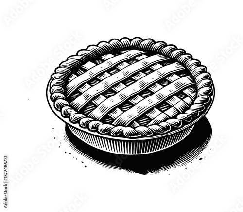 Engraved Style Pie with Lattice Crust. Ready to eat pie on white background