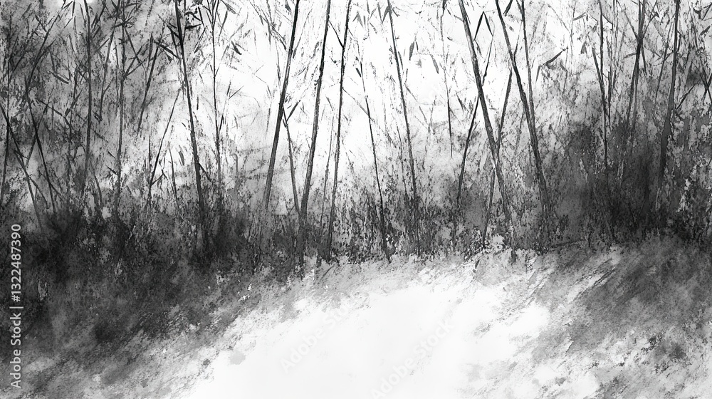Obraz premium Ink Wash of a Bamboo Grove Swaying in the Wind