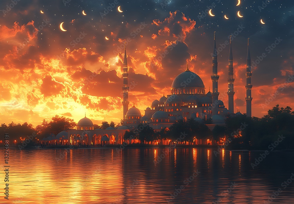 Fototapeta premium Mosque Silhouette at Sunset with Crescent Moons Reflecting on Water