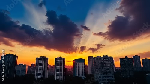 Wallpaper Mural A vibrant sunset over a city skyline, showcasing dramatic clouds and rays of light. Torontodigital.ca