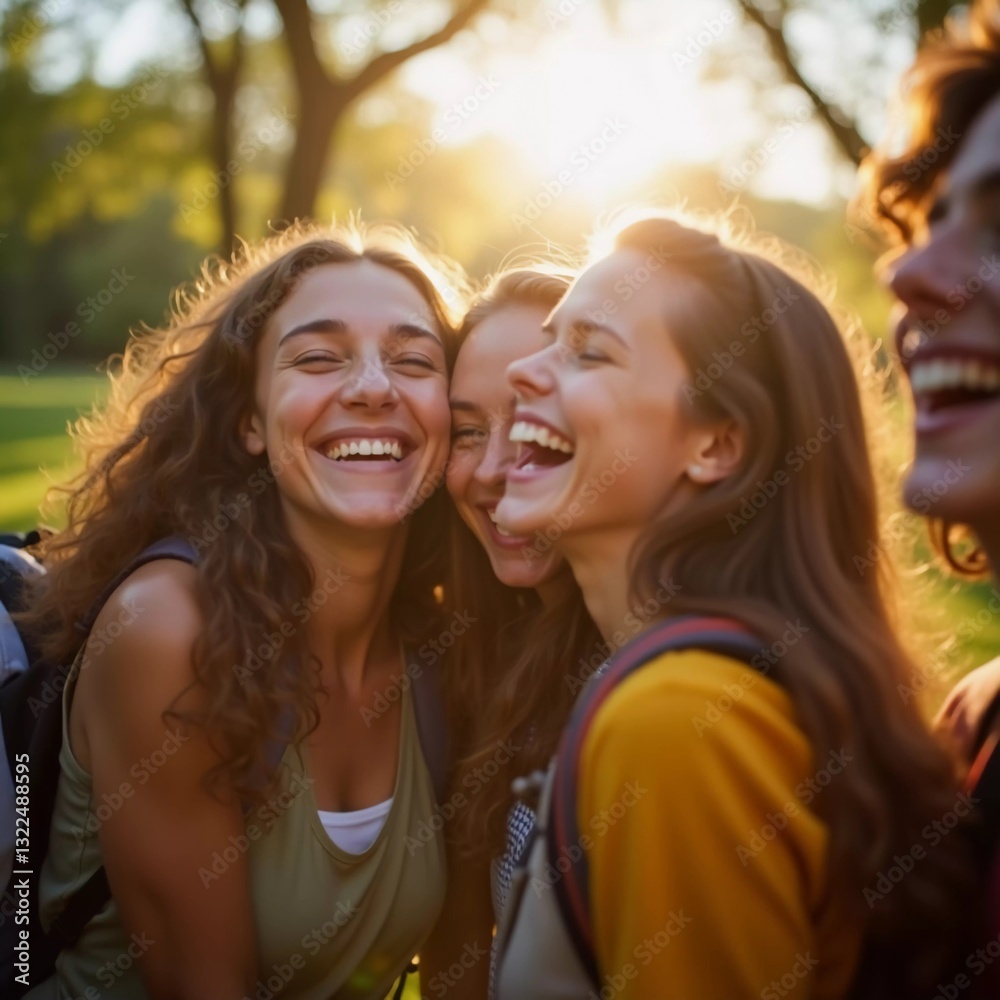A group of friends is gathered outdoors, laughing and enjoying each other's company. Sun rays filter through the trees, highlighting their joyful expressions as they revel in their adventure AI A group of friends is gathered outdoors, laughing and enjoying each other's company. Sun rays filter through the trees, highlighting their joyful expressions as they revel in their adventure AI