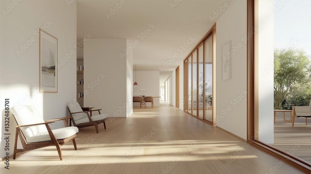 Fototapeta premium Bright modern hallway featuring minimalist design and natural light in a spacious home setting