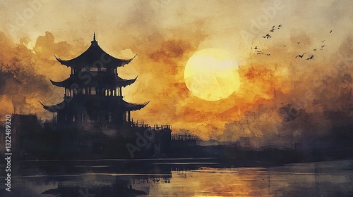 Ink Wash of a Pagoda Silhouetted Against the Sunset