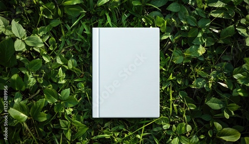 Blank book resting on green grass