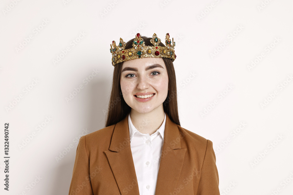 Happy businesswoman in elegant crown on light background Happy businesswoman in elegant crown on light background