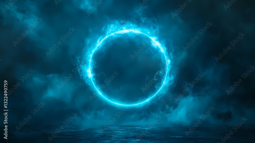 A glowing blue circle surrounded by mist in a dark atmosphere, creating a mysterious and ethereal effect. Dusky Brilliance. Illustration A glowing blue circle surrounded by mist in a dark atmosphere, creating a mysterious and ethereal effect. Dusky Brilliance. Illustration