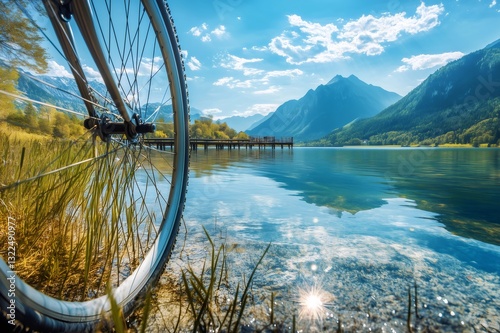 Fototapeta Naklejka Na Ścianę i Meble -  Bicycle wheel touching the shore of a mountain lake on bicycle day