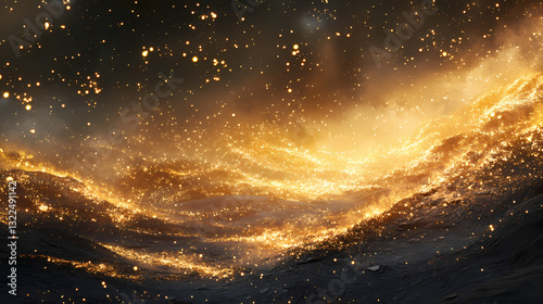 A myriad of golden sparkles illuminate a dusky backdrop, creating a warm glow. Dusky Brilliance. Illustration