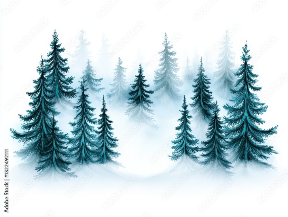 Obraz premium Serene winter forest with tall evergreen trees shrouded in misty atmosphere