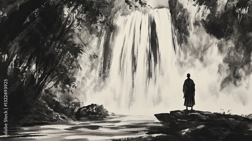 Obraz premium Ink wash of a monk standing under a waterfall