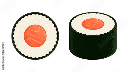 Sake maki sushi with raw salmon. Japanese food, seafood, and asian traditional cuisine concept. Flat vector illustration iIsolated on white background	
