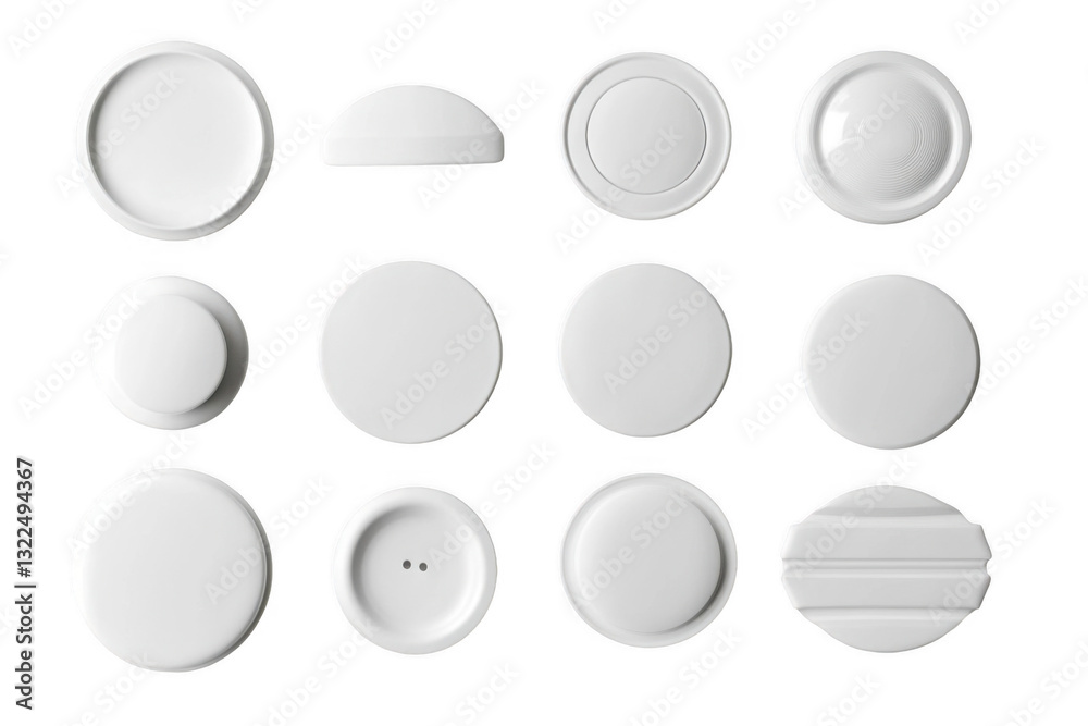 3D render of white, round, square, and circular buttons for a website on an isolated background. Top-view mockup set 3D render of white, round, square, and circular buttons for a website on an isolated background. Top-view mockup set