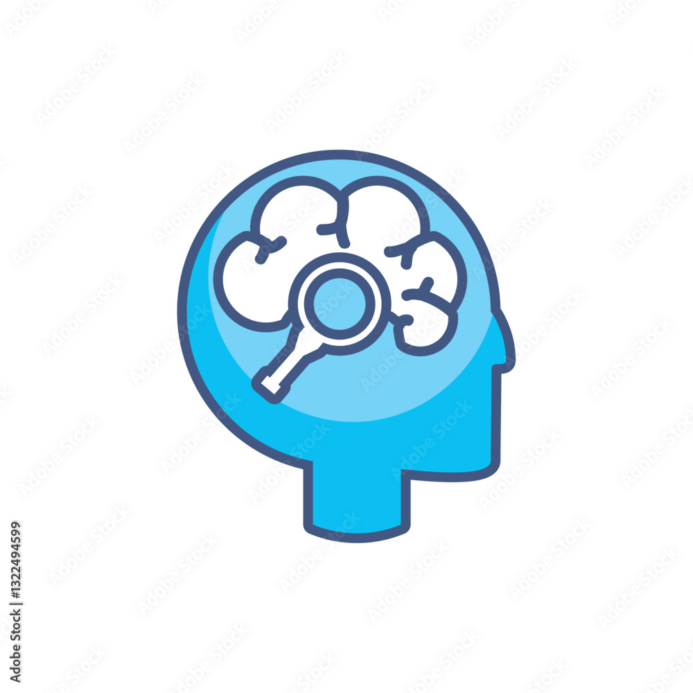 Vector illustration of a human head with brain and magnifying glass symbolizing analysis, research, or mental exploration Vector illustration of a human head with brain and magnifying glass symbolizing analysis, research, or mental exploration