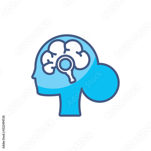 Vector illustration of a human head silhouette with a brain and magnifying glass inside, symbolizing cognitive research, mental analysis, and psychology study
