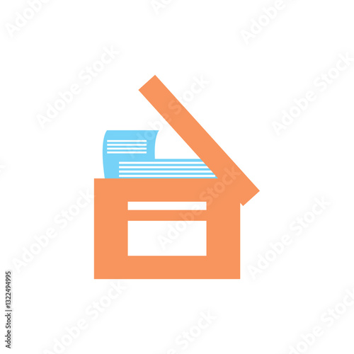 Minimalist vector illustration of an open archive box with documents representing data organization and file storage