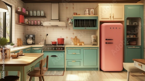 A well lit and colorful kitchen with vintage appliances and furniture