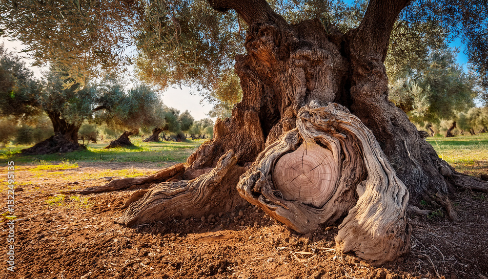 Fototapeta premium A centuries-old olive tree with a gnarled trunk stands majestically in a sunlit grove in the mediterranean region.