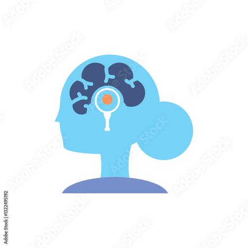 Vector illustration of a female head with brain and magnifying glass symbolizing cognitive research, neuroscience, and psychological analysis