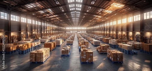 Fisheye perspective of an extensive warehouse dedicated to goods storage