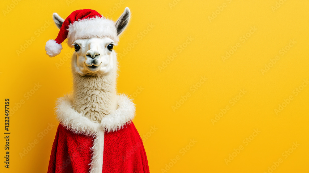 Fluffy llama wearing santa hat and red coat on bright yellow background. concept of festive holiday spirit, christmas cheer, seasonal joy, Funny animal, humor. Copy space Fluffy llama wearing santa hat and red coat on bright yellow background. concept of festive holiday spirit, christmas cheer, seasonal joy, Funny animal, humor. Copy space