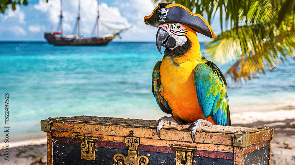 Fototapeta premium Vibrant pirate parrot on treasure chest by ocean. concept of adventure, tropical wildlife, nautical exploration, caribbean fantasy, Funny animal, humor