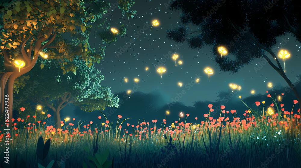 A whimsical nighttime scene of a glowing firefly meadow, with tiny bioluminescent creatures lighting up the dark grass and trees. Firefly Glow. Illustration A whimsical nighttime scene of a glowing firefly meadow, with tiny bioluminescent creatures lighting up the dark grass and trees. Firefly Glow. Illustration
