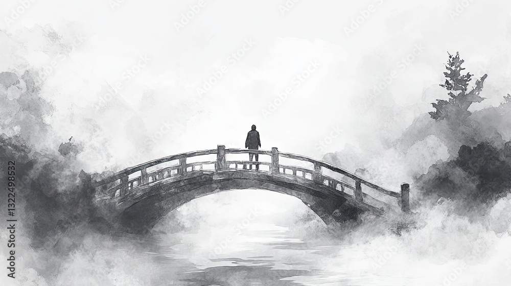 Fototapeta premium Ink Wash of a Lone Traveler Crossing an Old Bridge