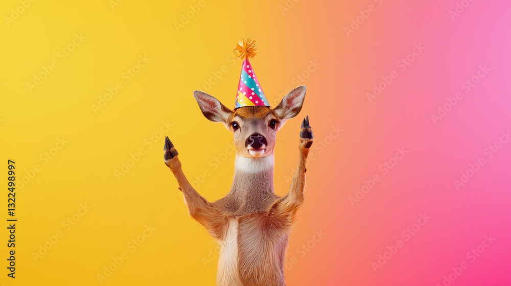 Fototapeta premium Cheerful deer celebrating with a festive party hat on vibrant colorful background. concept of joyful wildlife, quirky celebration, festive pet, funny animal, humor. Copy space