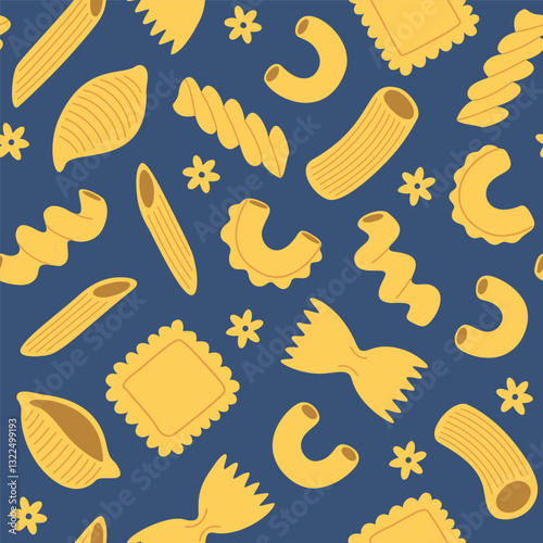 Seamless pattern with pasta and macaroni, various shapes and types. Hand-drawn vector illustration in cute trendy style.