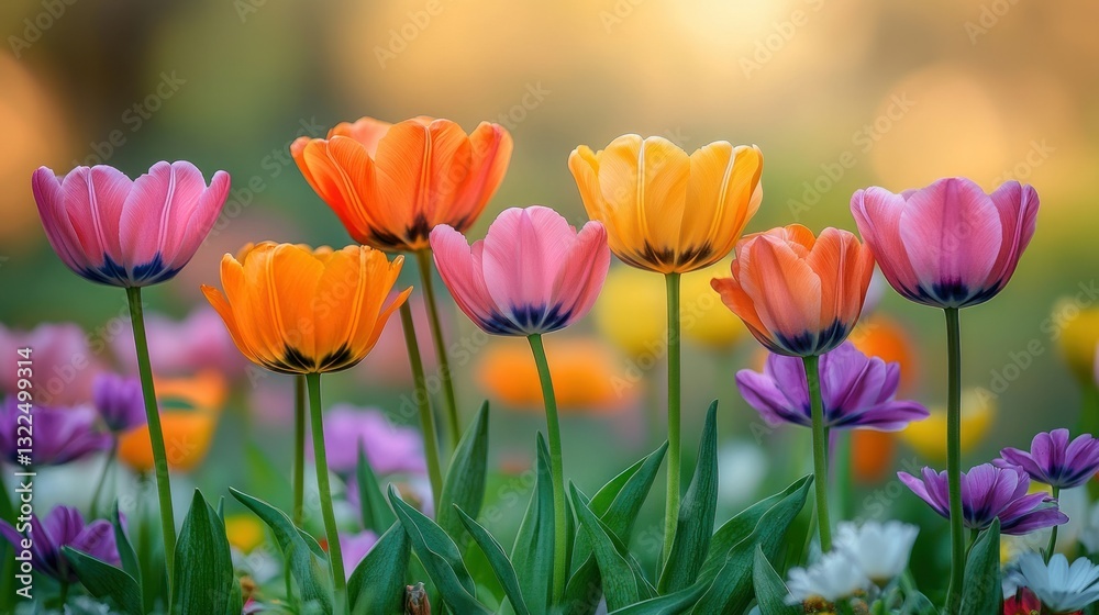 Obraz premium Colorful tulips in a spring garden at sunset
