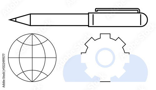 Pen, globe, and gear icons convey innovation, global reach, teamwork, technology, productivity education and creativity. Ideal for business learning planning or collaboration. Flat simple