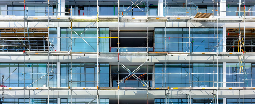 Modern Office Building Under Construction with Scaffolding Reflecting Urban Development and Architectural Design. Concept of Architecture, Engineering, Infrastructure