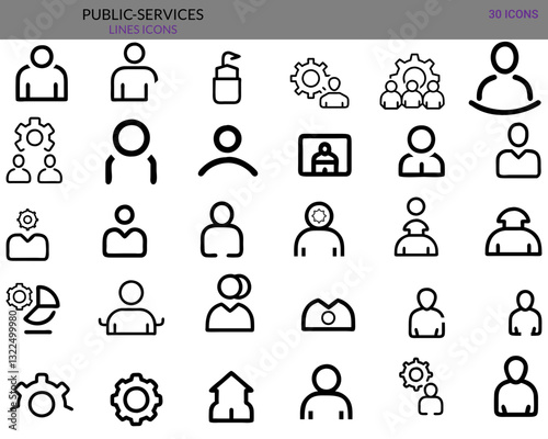 A public services set icon. includes various vector icons representing healthcare, transportation, security, education, utilities, and emergency services, perfect for apps, websites, branding.