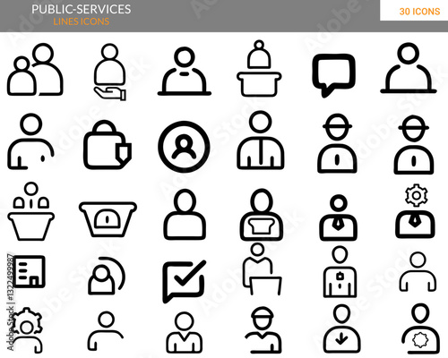 A public services set icon. includes various vector icons representing healthcare, transportation, security, education, utilities, and emergency services, perfect for apps, websites, branding.