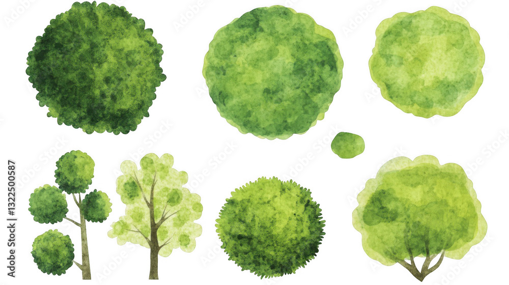 Set of watercolor green bushes, top view, isolated on a white background Set of watercolor green bushes, top view, isolated on a white background