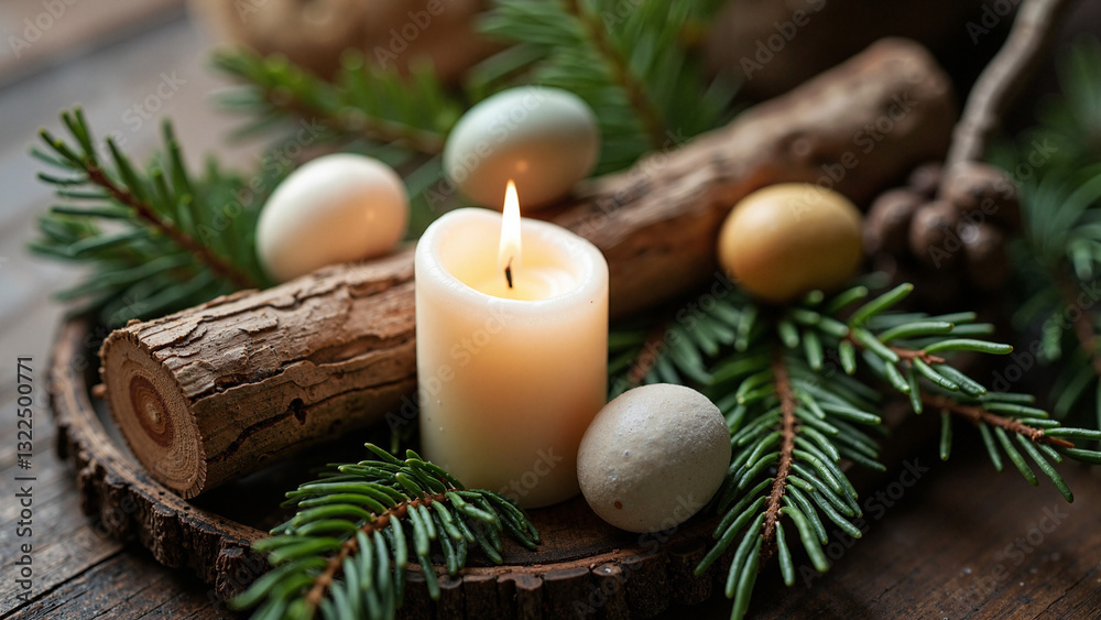 Rustic Candle Among Logs and Pine Branches: Perfect for Easter Decor, Seasonal Marketing, and DIY Inspiration Rustic Candle Among Logs and Pine Branches: Perfect for Easter Decor, Seasonal Marketing, and DIY Inspiration