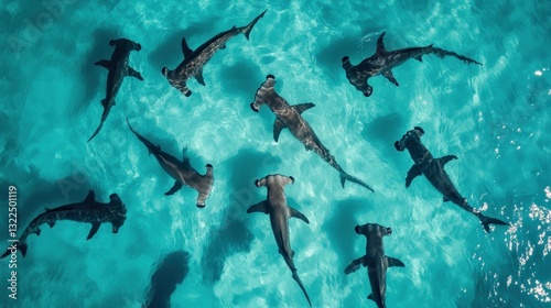 Wallpaper Mural Aerial View of a Gathering: Hammerhead Sharks Swimming in Turquoise Waters Torontodigital.ca