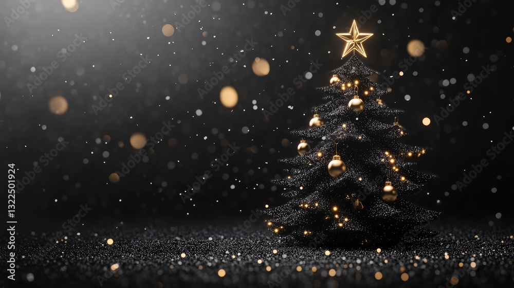 Naklejka premium Golden Illuminated Christmas Tree Banner on a Black Background