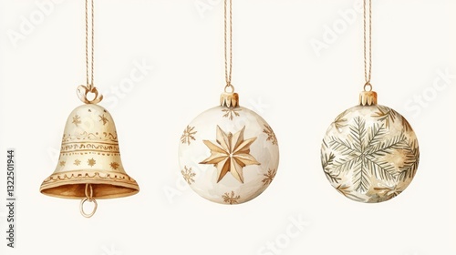 Watercolor Retro Christmas Bell, Star, and Bauble on White and Transparent PNG Background