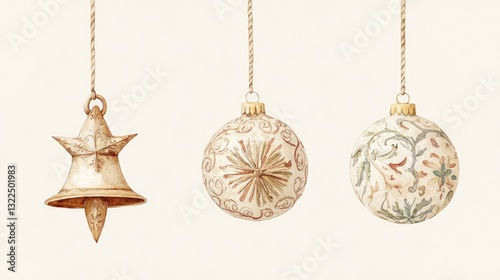 Watercolor Retro Christmas Bell, Star, and Bauble on White and Transparent PNG Background