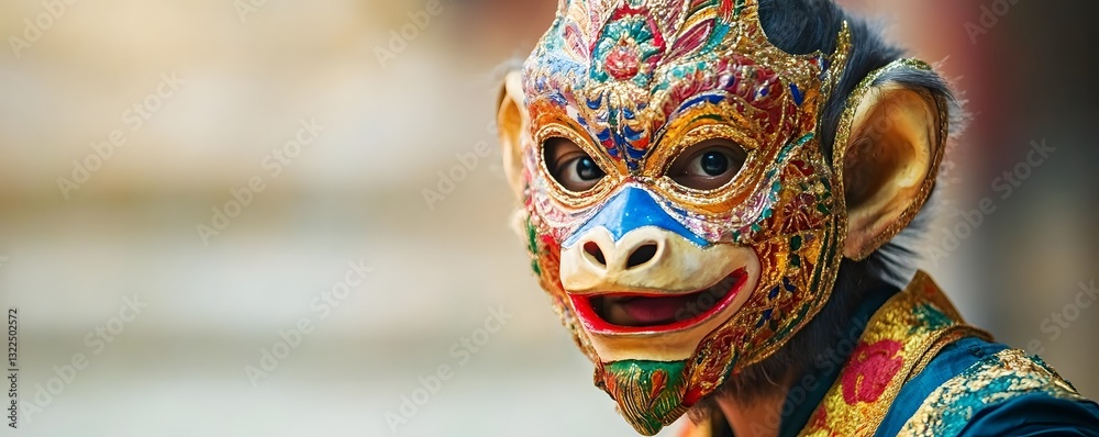 Fototapeta premium Person wearing an ornate multicolored monkey mask with visible eyes