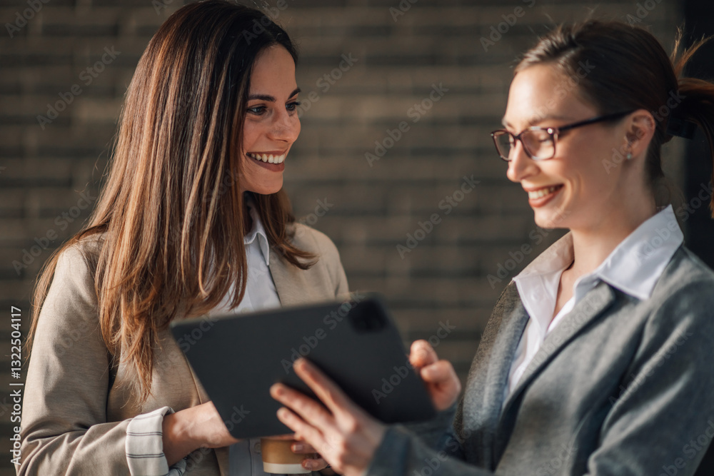 Two businesswomen smiling and using a digital tablet in office Two businesswomen smiling and using a digital tablet in office