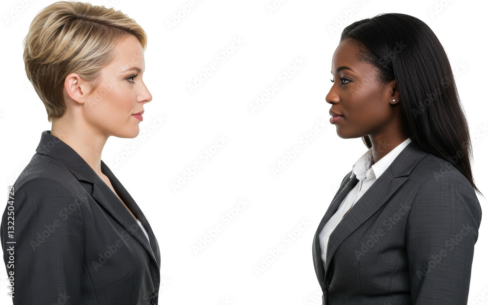 Confident Businesswomen Profile View Diverse Women in Suits Facing Each Other Confident Businesswomen Profile View Diverse Women in Suits Facing Each Other